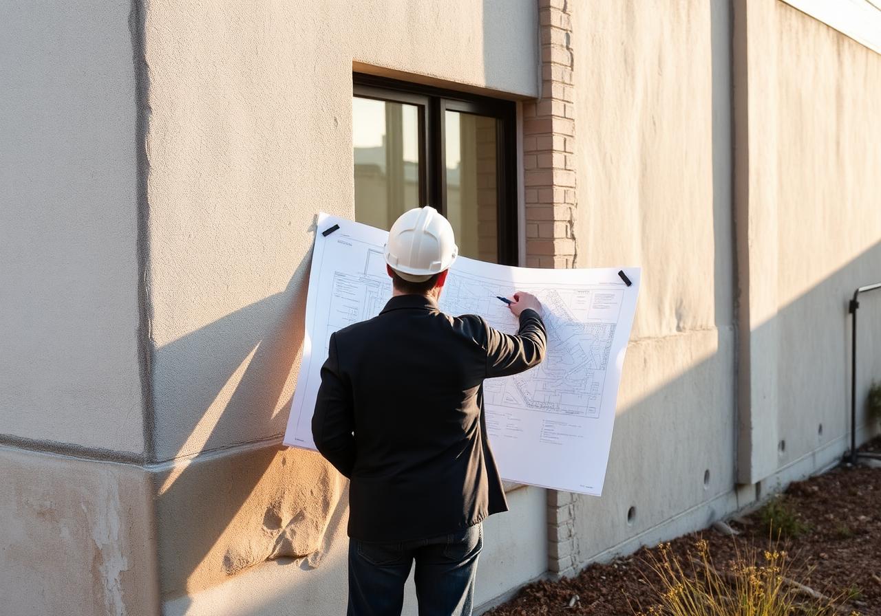 Architect on site, overlay drawings