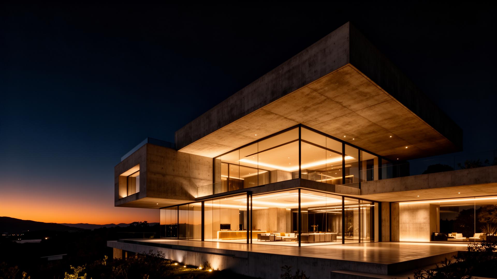 Luxury modern architectural villa at dusk